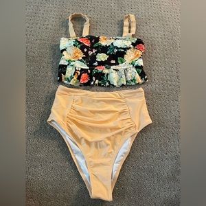 two piece flower print & cream swimsuit